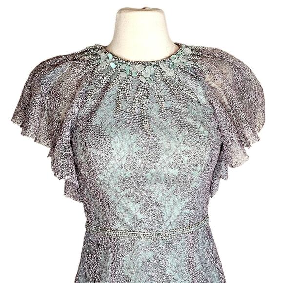 Mac Duggal Embellished Lace High Neck Formal Dress In Sage & Silver Size 2 NWT - Picture 6 of 14
